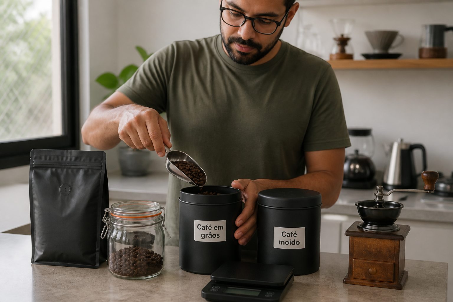 A woman stores coffee beans and ground coffee in airtight containers on a kitchen counter.