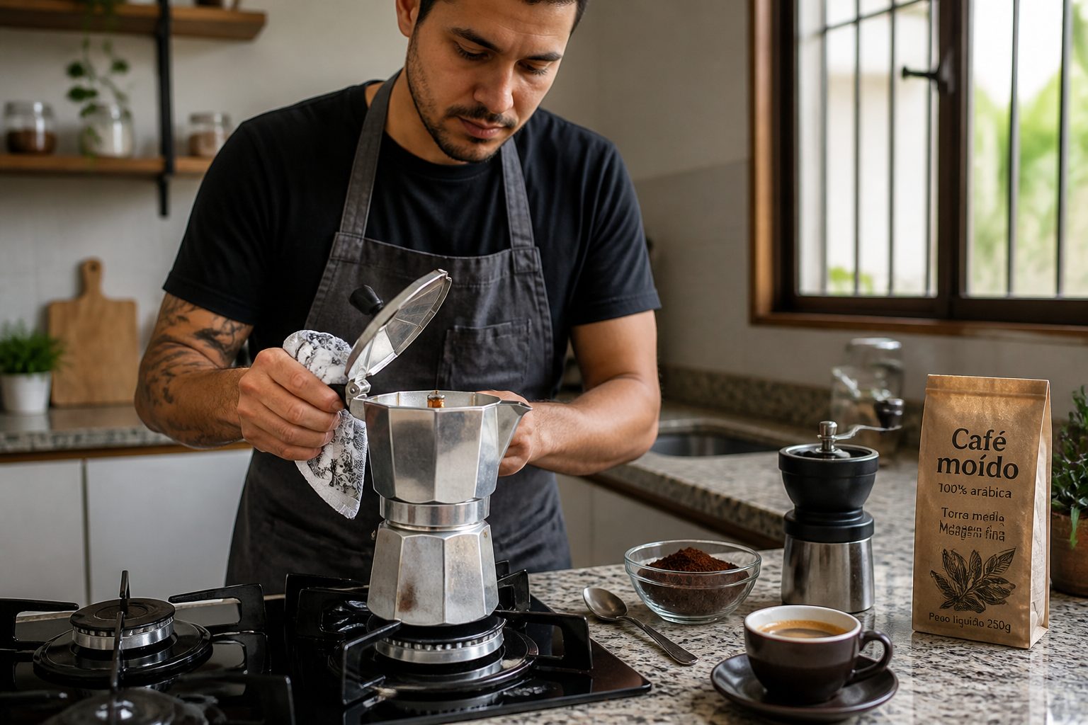 A barista brews strong coffee on a stove using an Italian moka pot while a small cup of dark coffee sits on the counter.