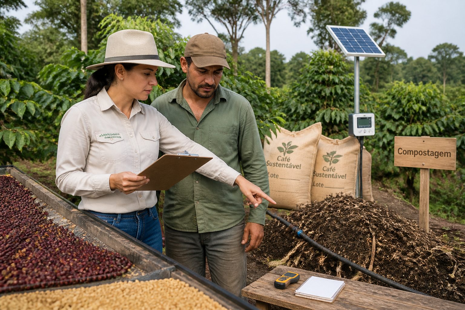 A woman agronomist and a male coffee farmer review a sustainability checklist beside coffee beans drying on raised beds at a Brazilian coffee farm.