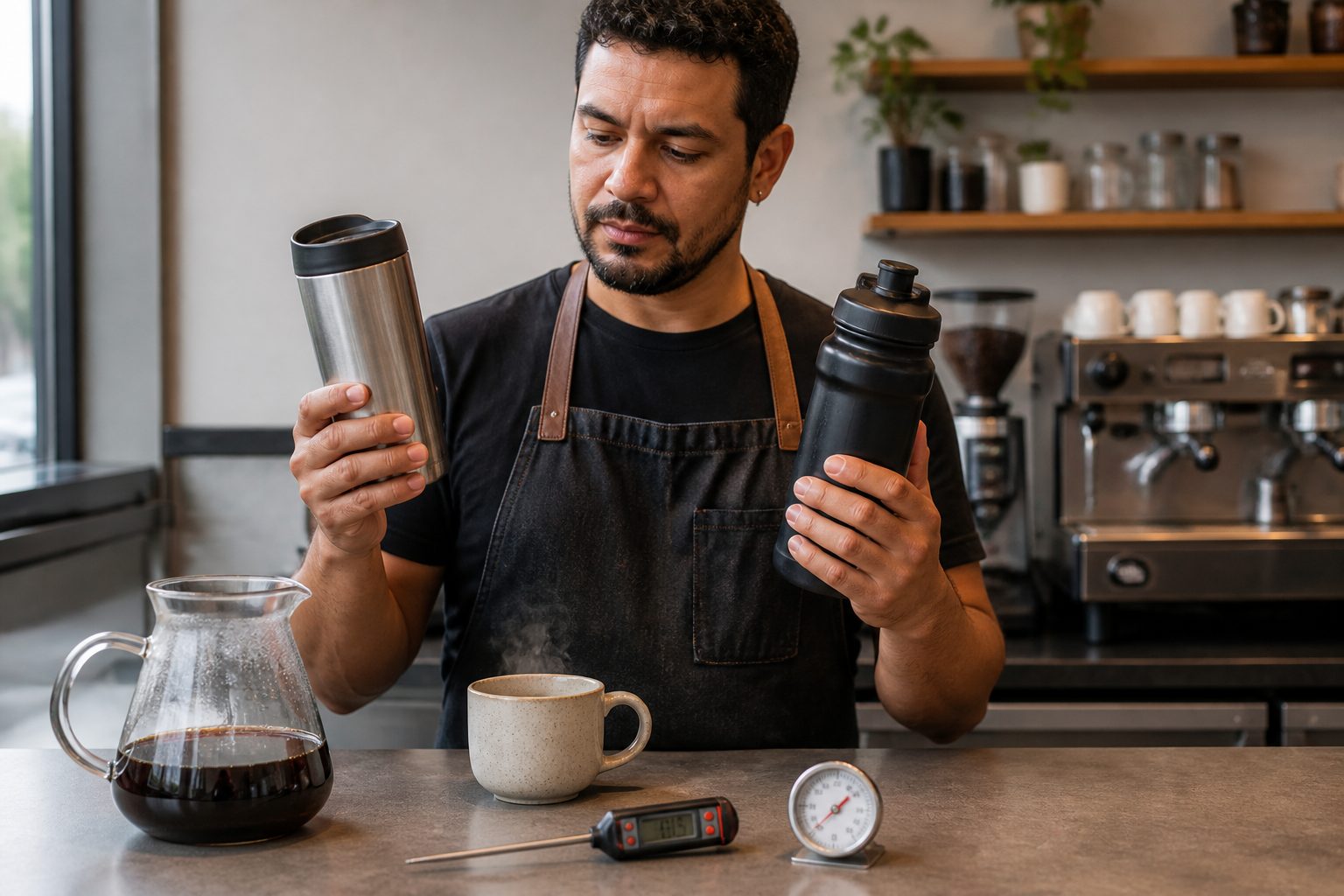 A barista compares a stainless steel thermal coffee tumbler and a squeeze bottle on a coffee bar counter near a thermometer.