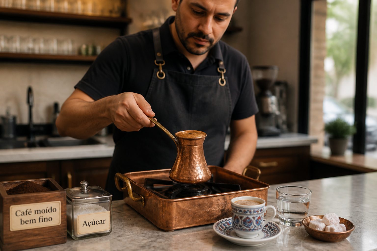A barista prepares Turkish coffee in a copper cezve and serves it in a small demitasse cup with water on a café counter.