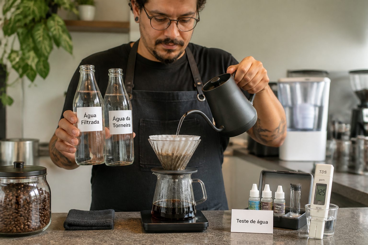 A male barista prepares pour over coffee while comparing filtered water and tap water bottles on a coffee bar.