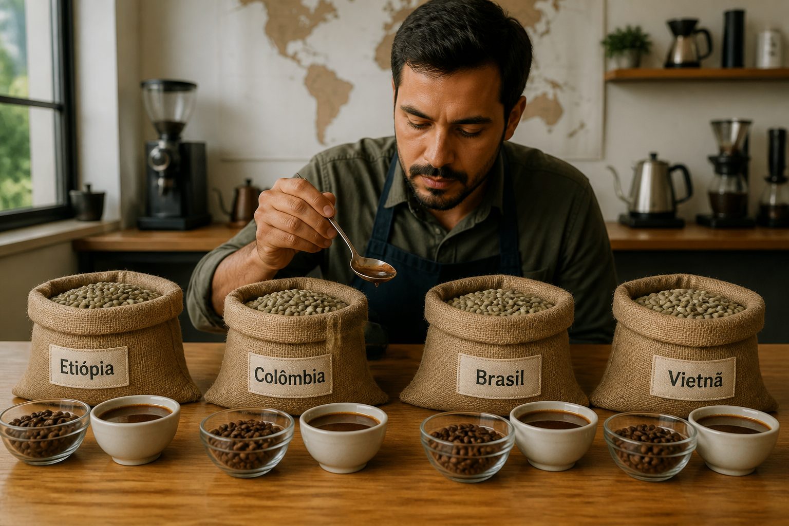 A man in a coffee lab compares coffee beans and brewed cups labeled with different world regions.