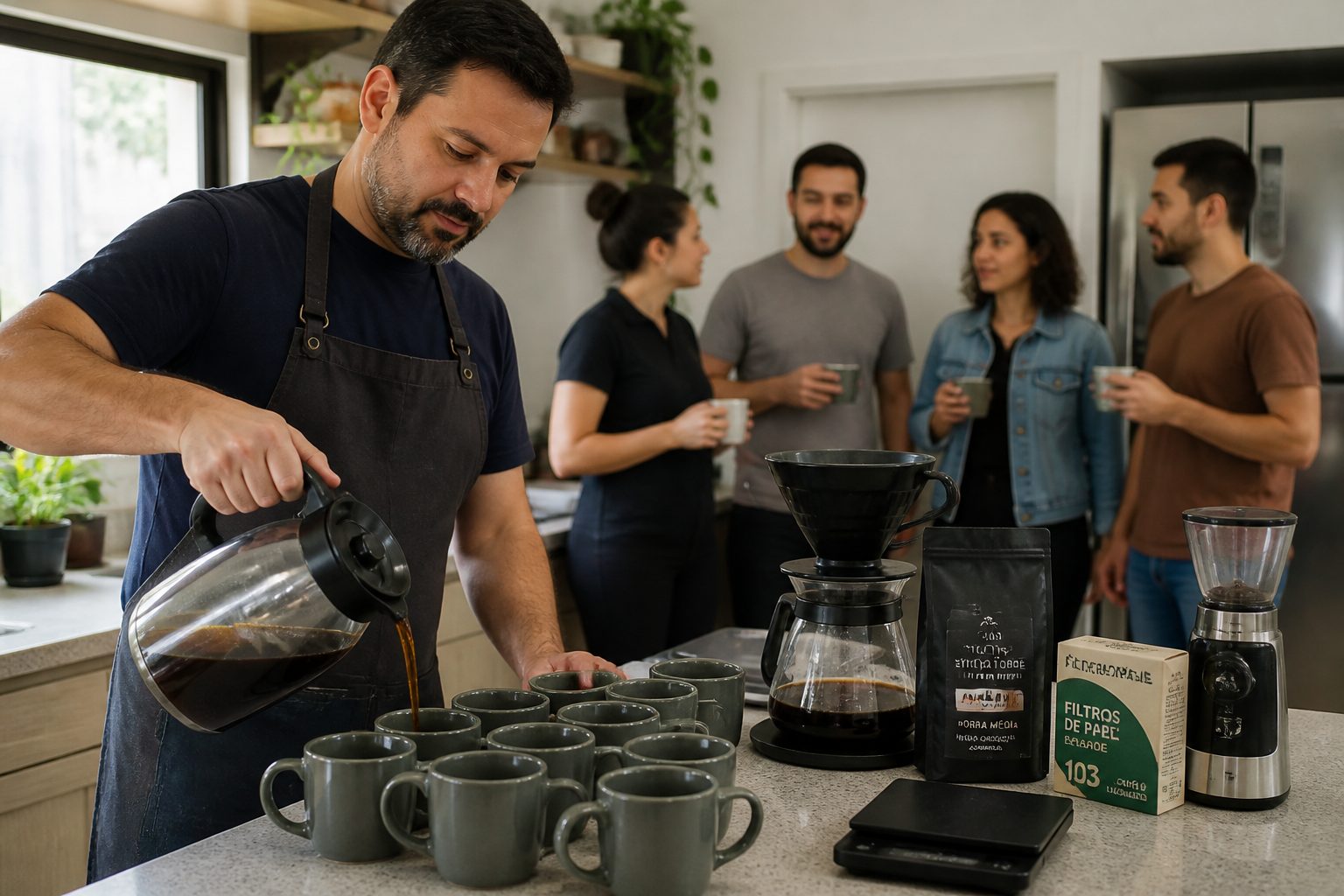 A man pours batch brewed coffee from a large carafe into several mugs on a kitchen counter while a small group waits behind him.