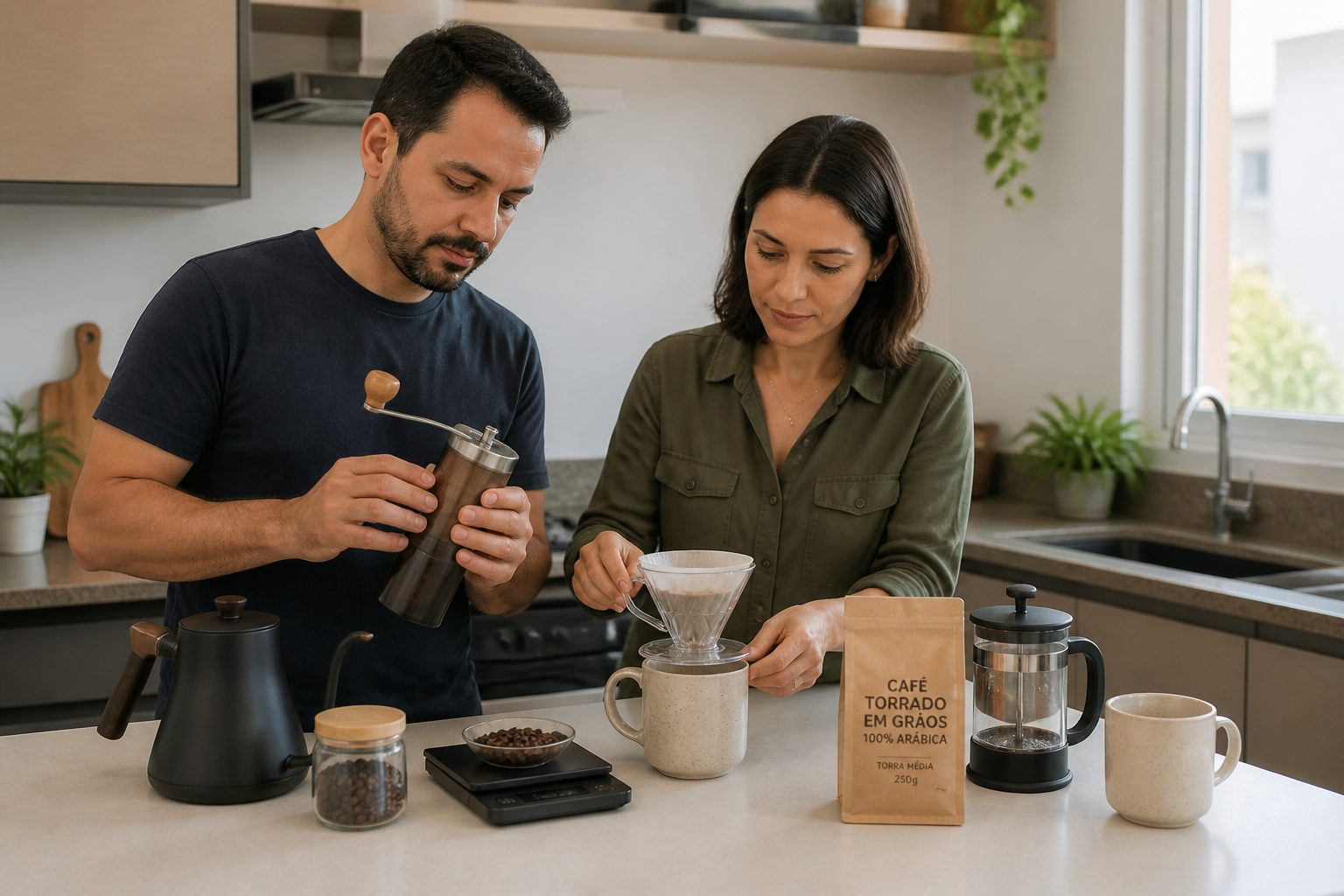 A man and a woman in a home kitchen arrange a beginner coffee kit with a grinder, kettle, scale, dripper, filters, and coffee beans on the counter.
