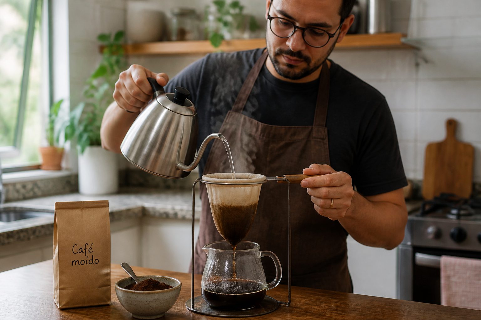 A Brazilian barista pours hot water from a gooseneck kettle into a cloth coffee filter over a glass carafe in a kitchen.