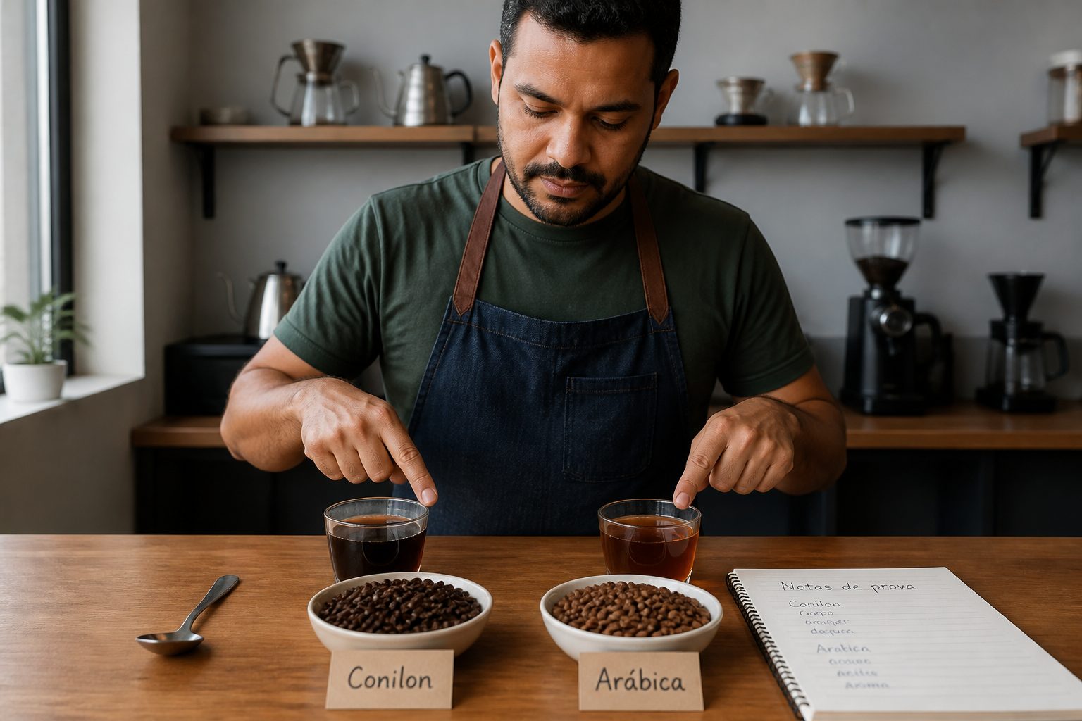 A Brazilian barista compares Conilon and Arabica coffee beans and brewed cups on a cupping table.