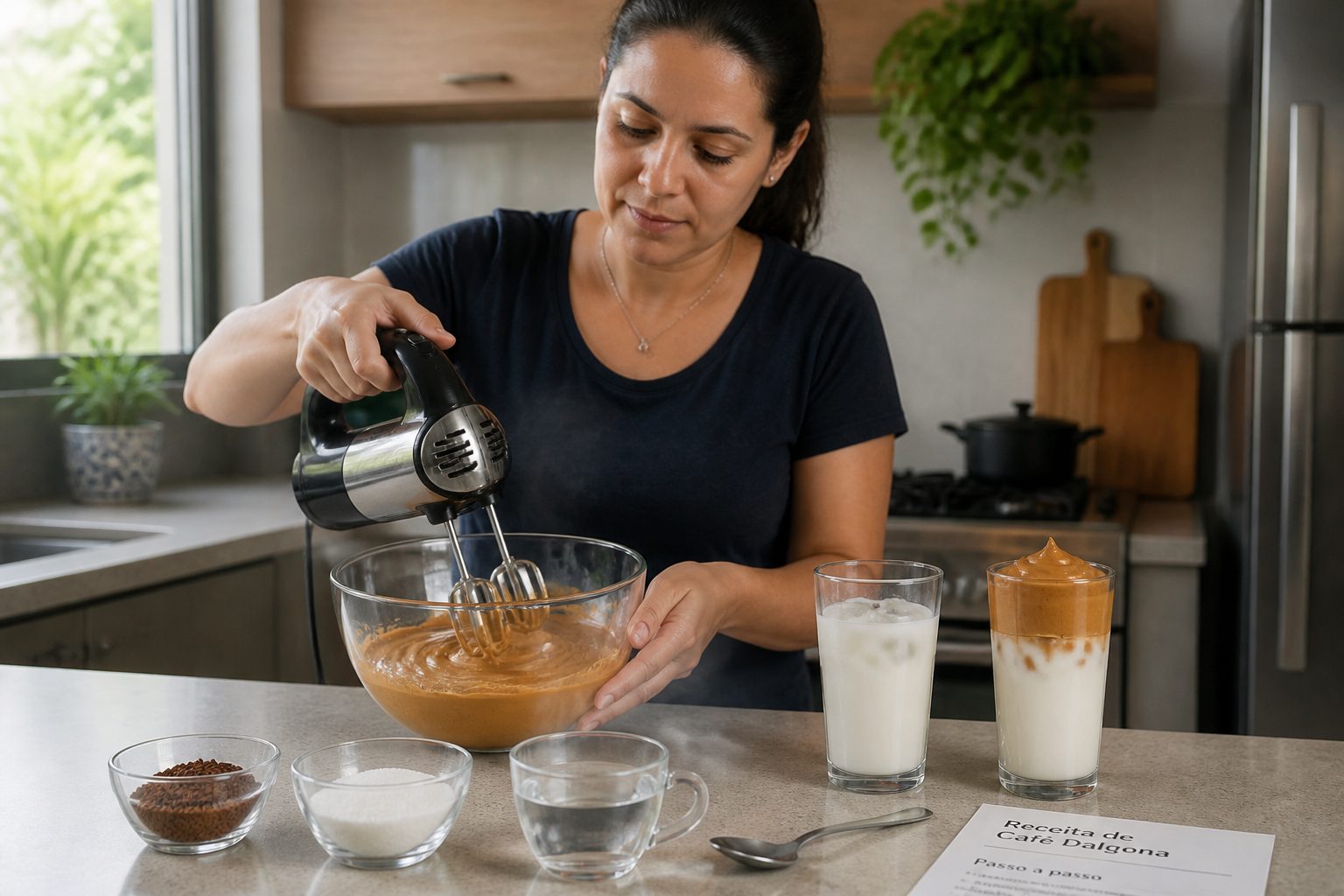 Woman whisking whipped coffee foam and topping a glass of iced milk to make dalgona coffee in a kitchen.