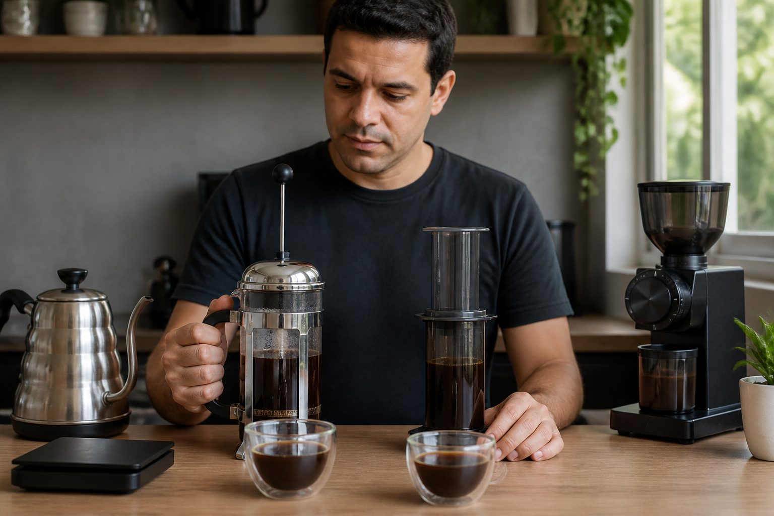 A man compares a French press and an Aeropress on a kitchen coffee counter with two cups of brewed coffee.