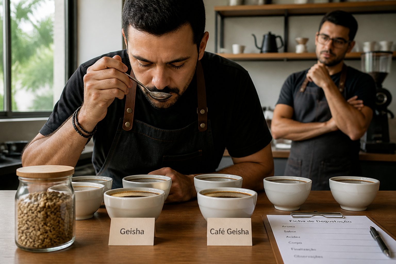 A professional barista performs a coffee cupping with a bowl labeled Geisha on a tasting table.