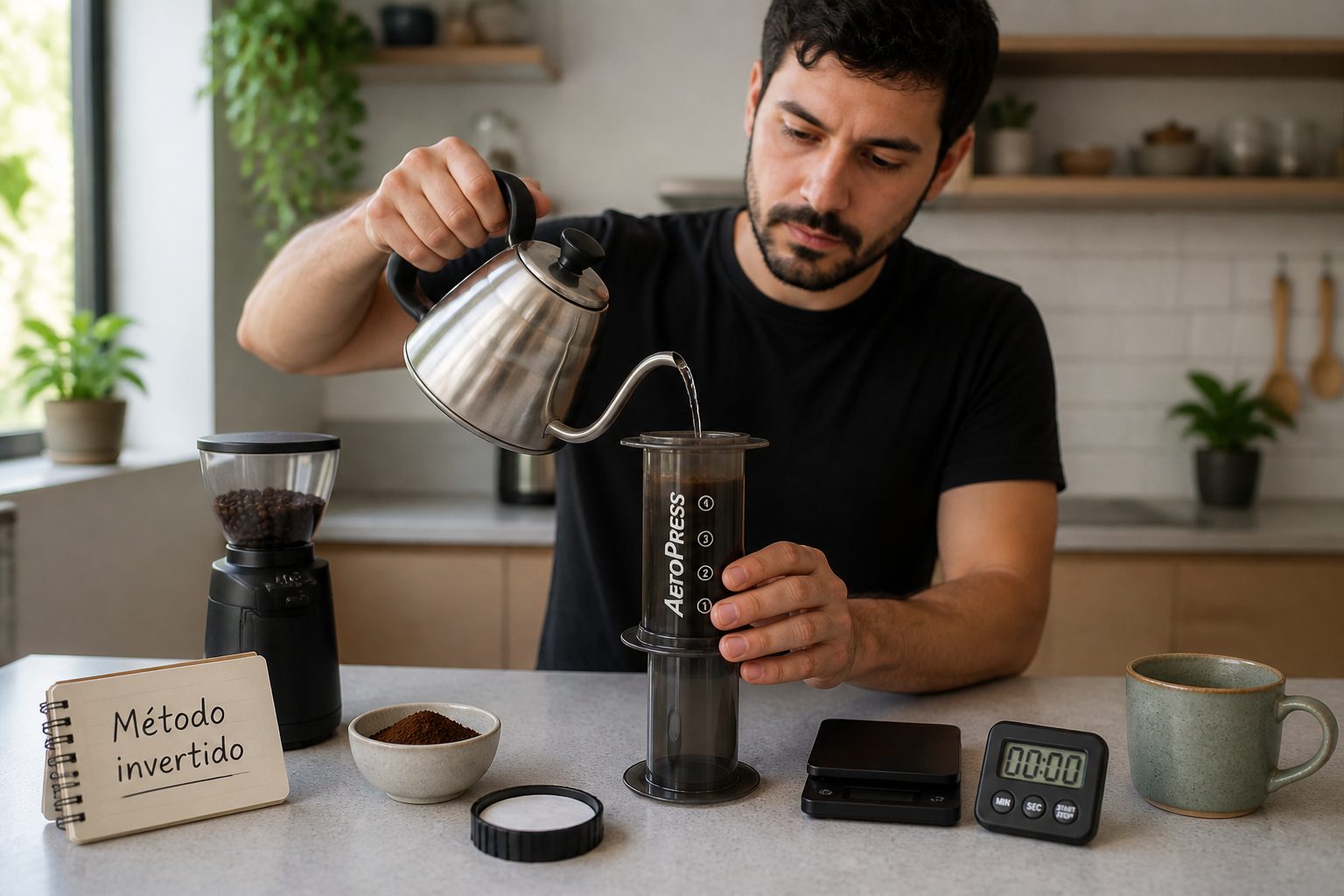 Man brewing coffee using the inverted AeroPress method on a kitchen counter with a kettle and scale.