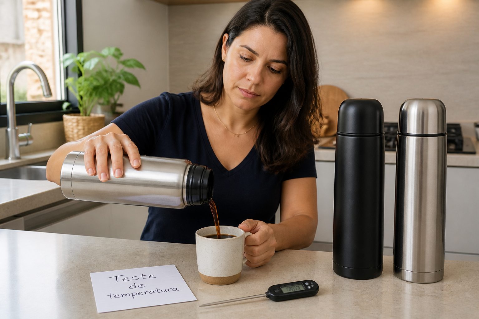 Woman pours hot coffee from a stainless steel thermos into a mug on a kitchen counter with other thermos bottles nearby.