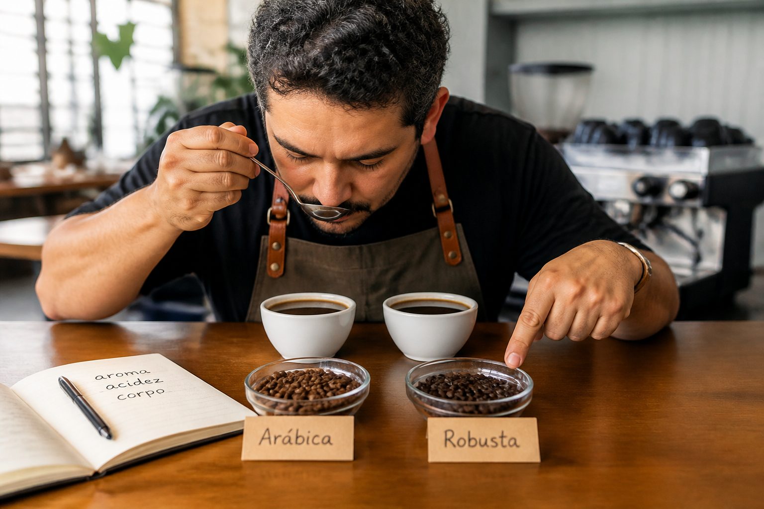 A barista compares two cups of coffee labeled Arabica and Robusta with bowls of beans on a coffee bar.