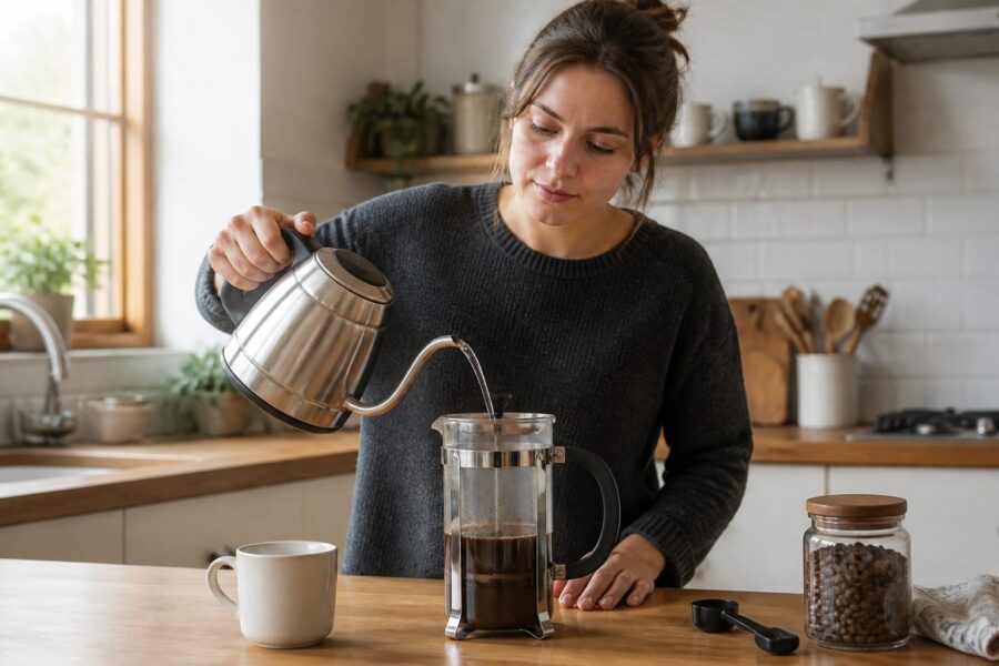 French Press Coffee: Grounds, Water, and Plunging