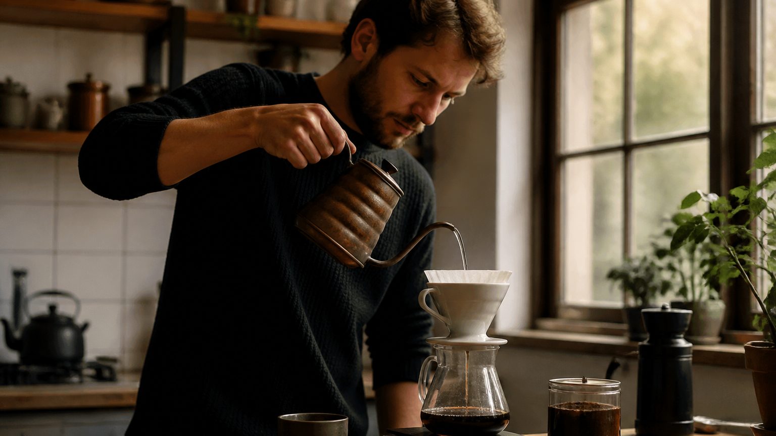 Pour-over coffee being brewed beside a sunlit kitchen window